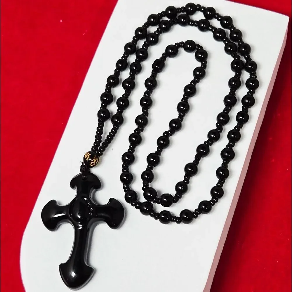 Black Obsidian Cross Beaded Necklace Streetwear Faith Pendant Jewelry Unisex 25